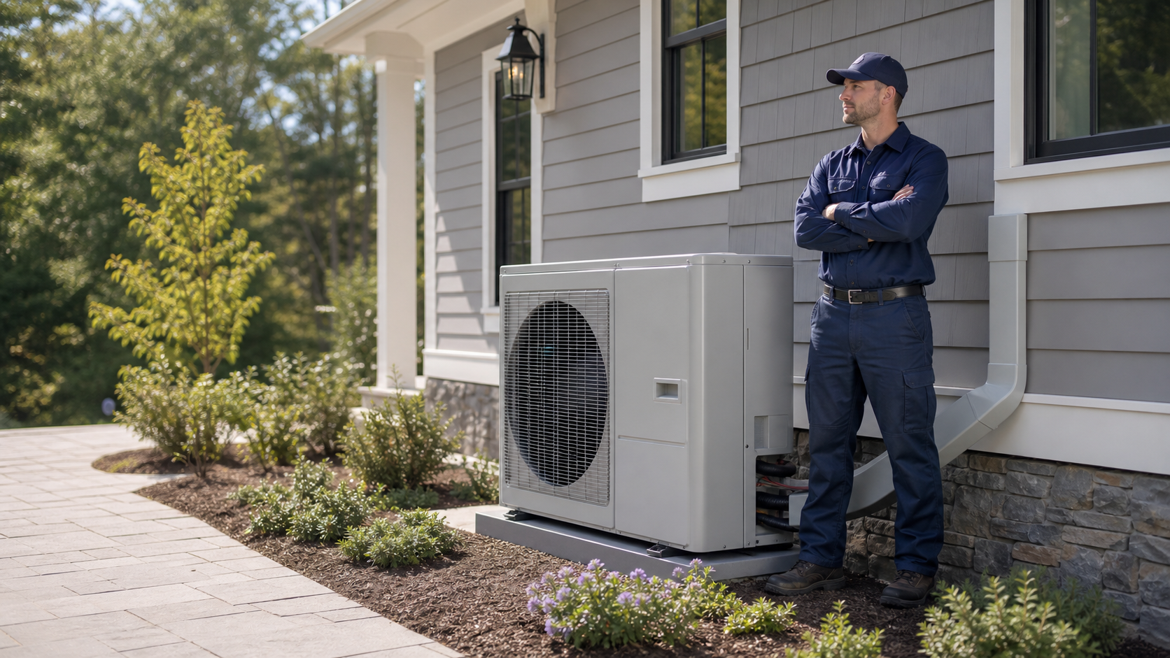 HVAC technician beside a residential heat pump at a clean Massachusetts home